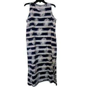 Land's End navy and white midi cotton dress with leaf motif Size LP